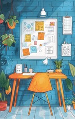 A blue wall with a white board and a yellow chair