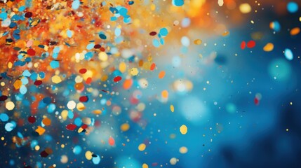 Vibrant confetti in blue, red, yellow, and orange colors falling against a blurred background, representing celebration and joy.