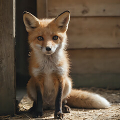 Obraz premium a fox sitting in the sun near a wooden building