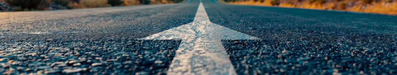 Journey of Success: Embracing Growth and Expansion on a Pathway of Opportunity, Symbolized by an Asphalt Road with a Clear Directional White Arrow