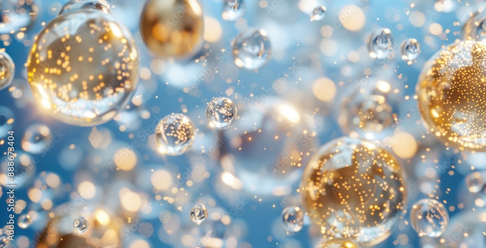 Poster abstract image of floating bubbles with golden sparkles and reflections, creating a magical and ethe