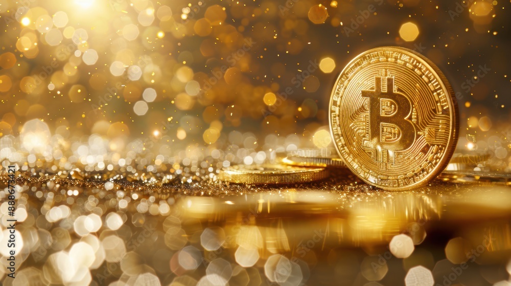 Poster bitcoin coin placed against a golden bokeh background, highlighting its value and connection to the 