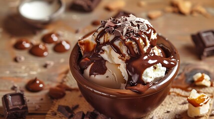 A dessert chocolate pudding with ice cream chunks