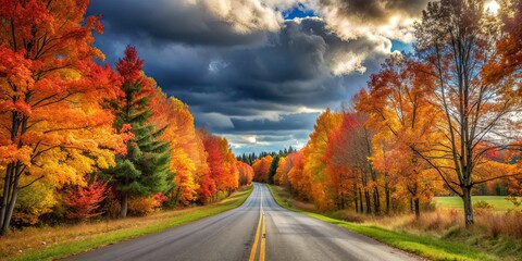 Naklejka premium Road surrounded by colorful trees in autumn under a cloudy sky, road, trees, autumn, fall, foliage, leaves, season, nature