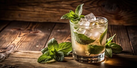 Fototapeta premium Classic mojito cocktail with fresh mint leaves on background, mojito, cocktail, classic, drink, fresh, mint leaves, refreshing