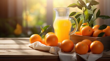 A glass pitcher of fresh orange juice surrounded by whole oranges on a sunlit table, creating a refreshing and natural scene.