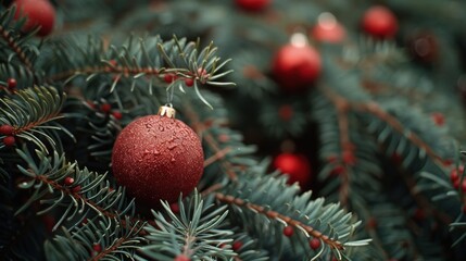 Obraz premium Close-up of red Christmas ornaments on a green pine tree, with needles and berries, creating a festive holiday atmosphere.