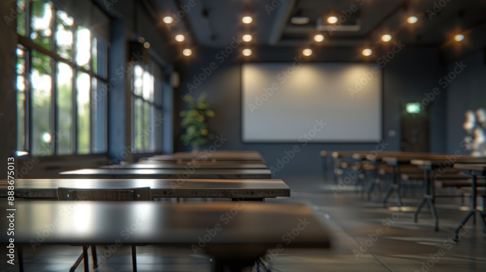Poster a well-lit empty classroom with wooden desks, large windows, and a projector screen ready for a pres