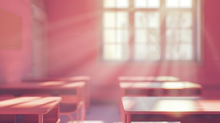 Sunlight streaming into an empty classroom with pink walls, creating a warm and serene learning environment.