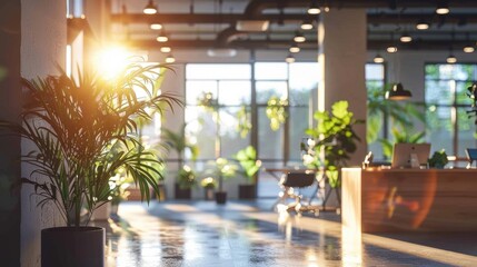 Modern office space filled with sunlight and greenery, featuring large windows and a sleek design for a productive environment.