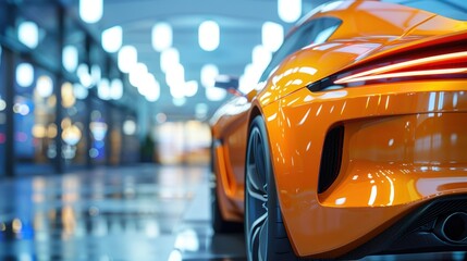 A shiny orange sports car showcased in a modern, well-lit showroom.