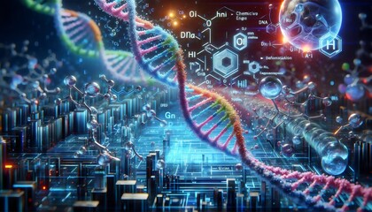Fototapeta premium Conexiones Cósmicas: El Arte de la Vida, ADN, tecnología, desarrollo tecnológico, biotecnología, biología, Ilustración digital, Ilustración 3D, fotografía hiperrealista