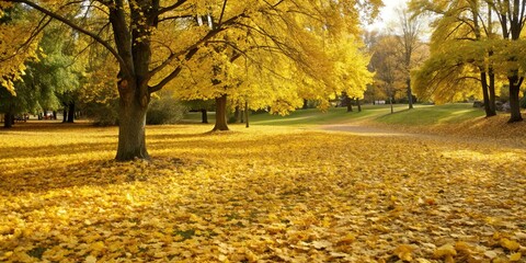 Golden leaves covering the ground in a peaceful park setting, autumn, park, foliage, trees, nature, seasonal, fall, leaves