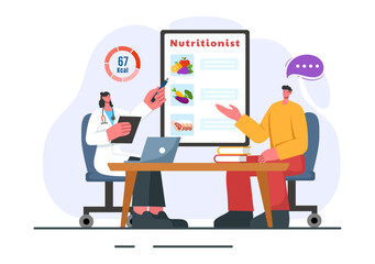 Vector Illustration of a Nutritionist Conducting a Nutritional Examination of Food, including Dietary Supplements, such as Fresh Fruits and Vegetables