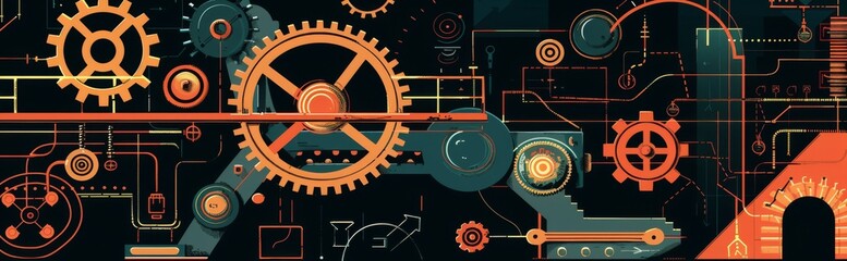 Fototapeta premium Illustrative Guide to Programming Concepts: A Stylized Doodle Art Featuring Gears and Wheels in a Mechanical Symphony.