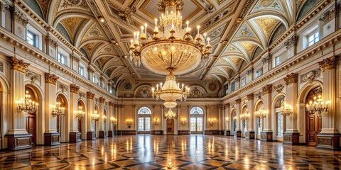 Fototapeta premium Interior of a grand hall with high ceilings and elegant chandeliers, grand, hall, interior, high ceilings, elegant