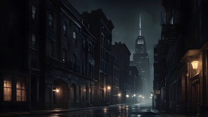 A noir-style photograph, a dark street view of a city, gotham style