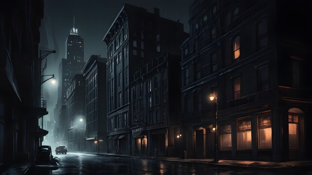 A noir-style photograph, a dark street view of a city, gotham style