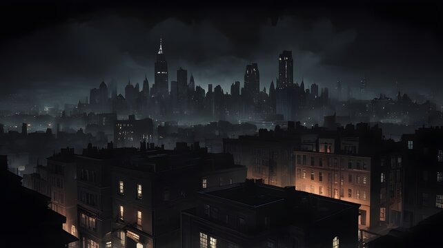 A noir-style photograph, a dark street view of a city, gotham style