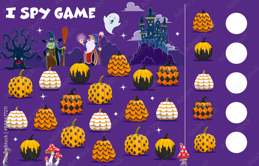 Aufkleber I spy game worksheet, help to witch and wizard count Halloween patterned pumpkins. Object finding kids game, calculation children vector puzzle worksheet with ornate pumpkins, Halloween monsters
