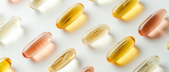 Omega 3 capsules on white background top view