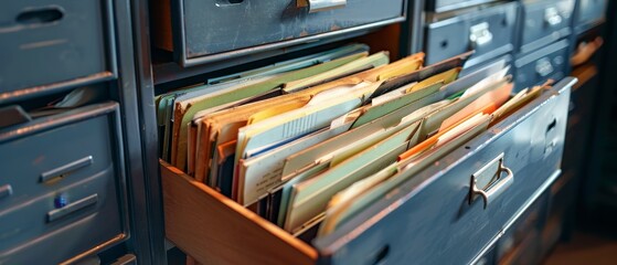 Open drawer in file cabinet filled with files