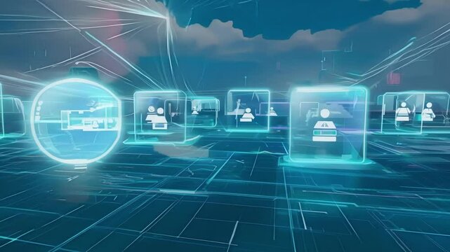 Digital avatars representing workers in the virtual economy can be seen interacting and collaborating in a virtual office space within the economic zones.