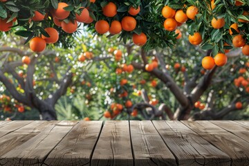 Orange trees background with wooden table top design