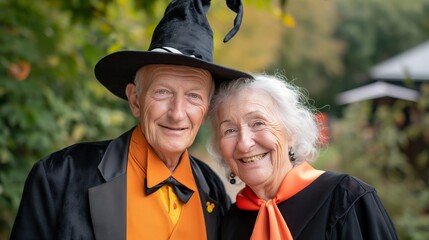 Happy Elderly Couple Embracing Halloween Spirit in Classic Costumes at Festive Celebration
