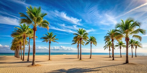 Empty summer beach with palm trees , tropical, serene, peaceful, tranquil, vacation, sand, sea, ocean, relax, getaway