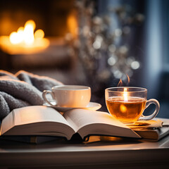 A hot cup of breakfast coffee on the railing of a terrace at sunrise at autumn A hot cup of tea with autumn leaves in the background A cup of coffee on a wooden table with fall leaves.

