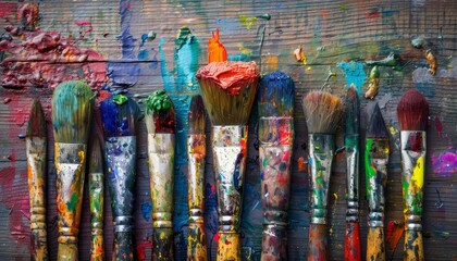 Fototapeta premium Paint smeared brushes on a wooden backdrop