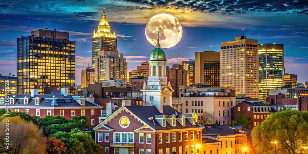 Sticker Boston cityscape with a full moon shining over a historic building , Boston, building, architecture, city, cityscape