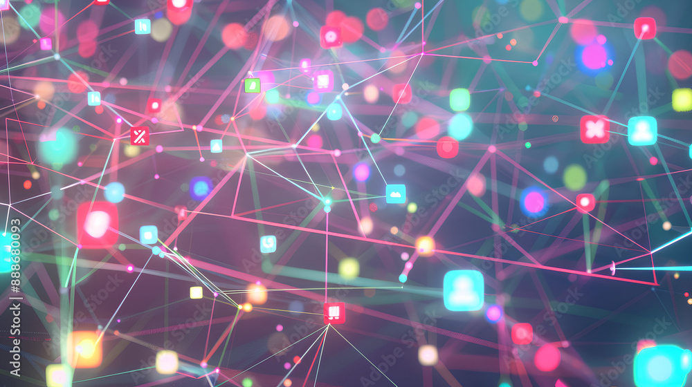 Aufkleber growing network of connected colorful technology media icons and nodes moving
