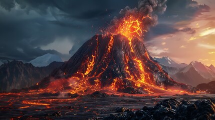 Fototapeta premium A fossil mountain spews boiling lava that is red heated