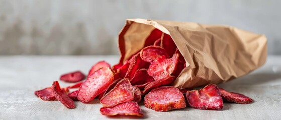 Paper packaged dried fruit chips Natural and healthy dietary snack made of dried strawberries