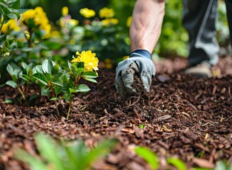 Person laying down pine bark mulch in garden bed