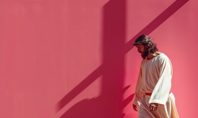 Jesus Christ in a crown of thorns walking against a pink wall.