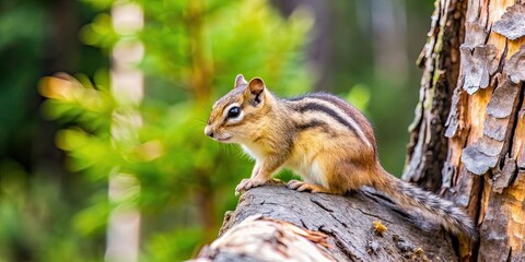 Obraz premium Chipmunk playing on tree trunk in E.C. Manning Park, Chipmunk, cute, playful, running, jumping, sitting, eating