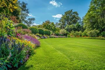 Obraz premium Picturesque English garden with a manicured lawn and vibrant flowers