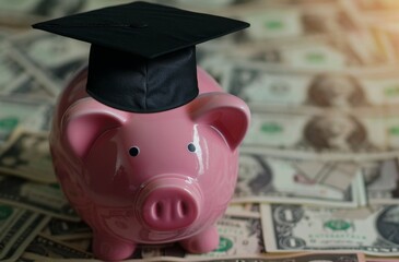 Piggy bank wearing graduation cap surrounded by money