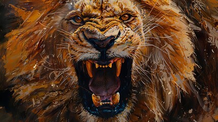 Fierce lion portrait showcasing its powerful roar with detailed fur and piercing eyes, painted in a dramatic, vibrant style.