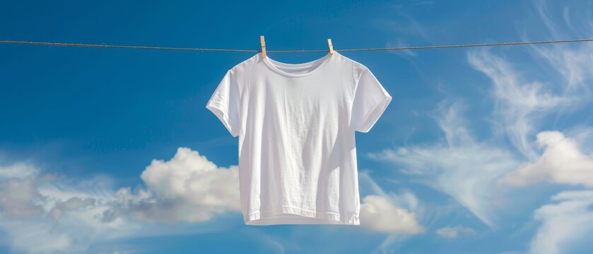 White t shirt on clothesline against blue sky with space for text