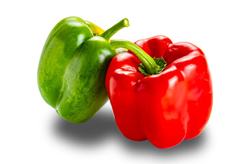 Closeup of fresh green and red bell pepper, paprika isolated on white background with clipping path.