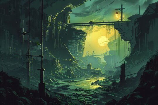 Desolate Cityscape with Glowing Moon