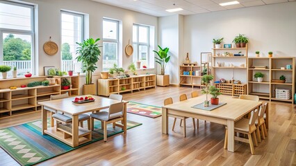 Montessori classroom with wooden furniture, educational material, and toys, montessori