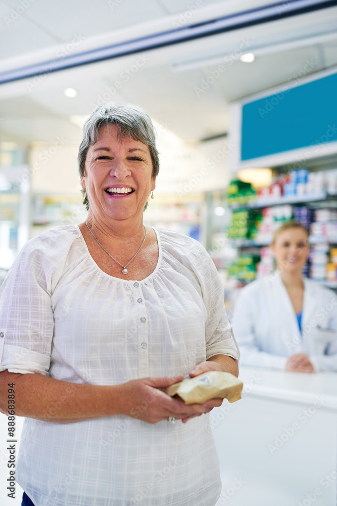 Wall mural Mature, woman and customer portrait in pharmacy, happy and smile for medicine purchase in drug store. Pharmaceutical, retailer and package with healthcare product, commerce and shopper or antibiotics