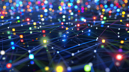 growing network of connected colorful technology media icons and nodes moving