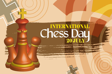 Banner Poster International Chess Day with Pieces and Chessboard in July 20th Celebration. Holiday concept Template for background, banner, card, poster with text inscription