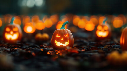 Pathway lined with glowing orange pumpkins at dusk, the cool air adding to the magical atmosphere, Orange, evening charm